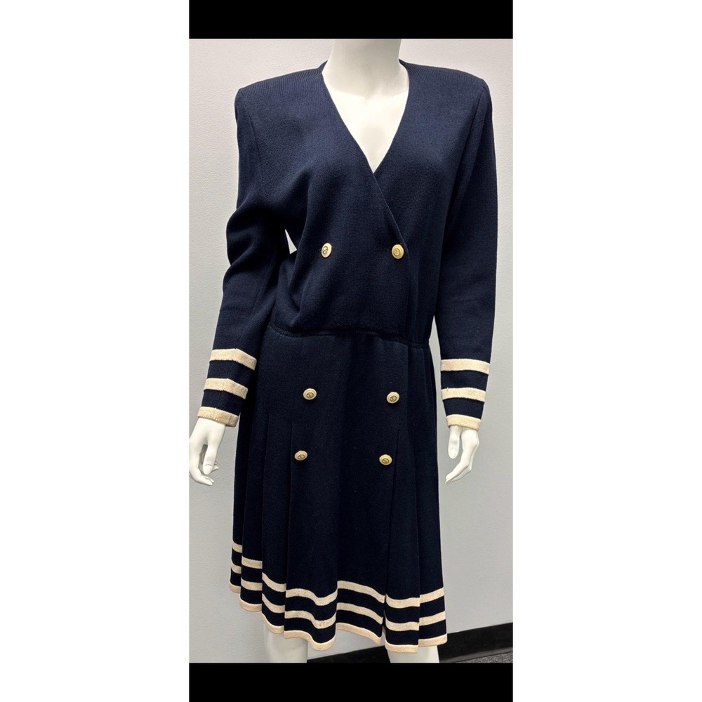 Vtg St John Marie Gray 6 Santana Knit Quiet Luxury Old Money Navy Nautical Dress